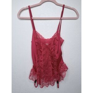 Vtg  Nan Flower Lingerie S Red Lace Camisole Teddy Garters Feminine